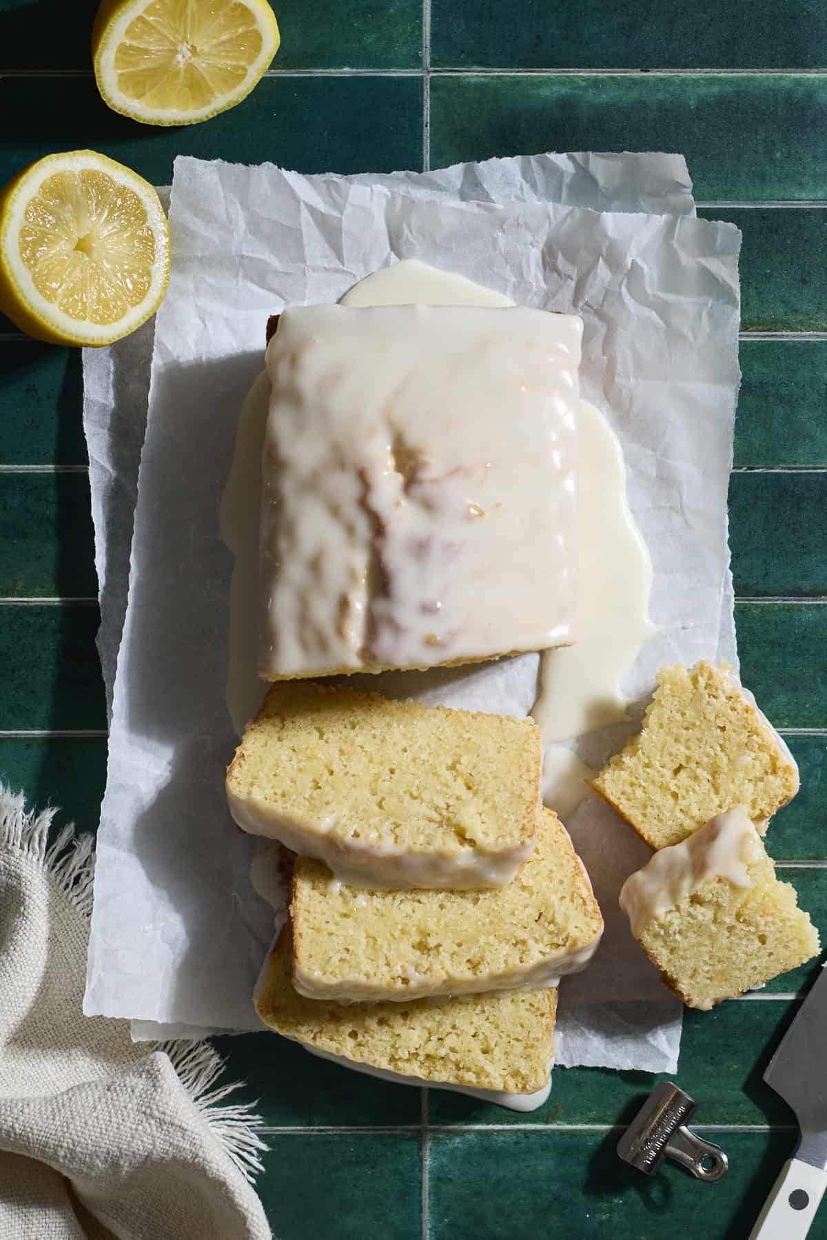 Sourdough Lemon Loaf Cake in slices.