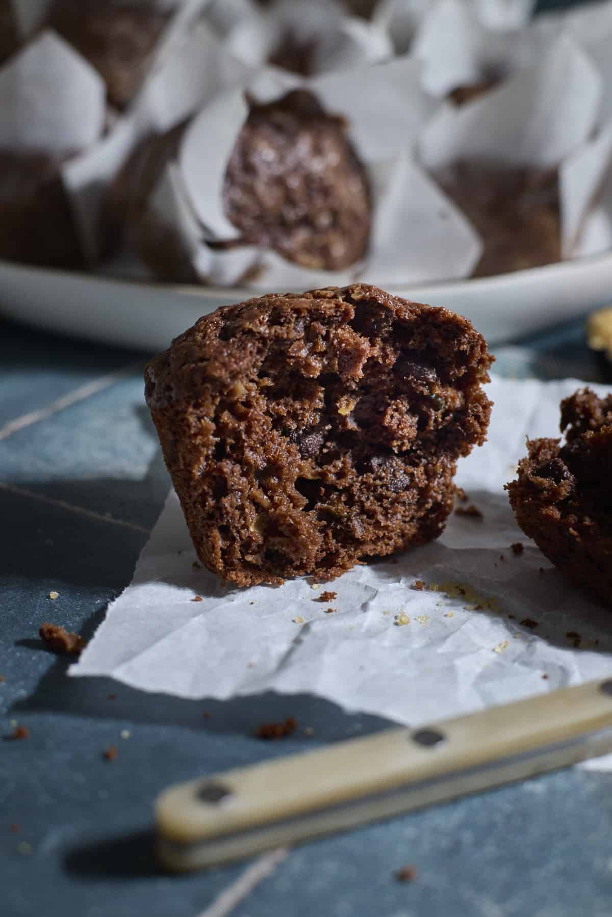 A halved chocolate zucchini muffin.