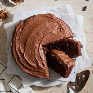 A Sourdough Chocolate Zucchini Cake with two slices leaning.