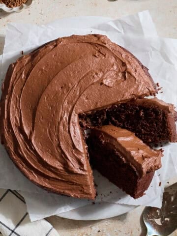 A Sourdough Chocolate Zucchini Cake with two slices leaning.