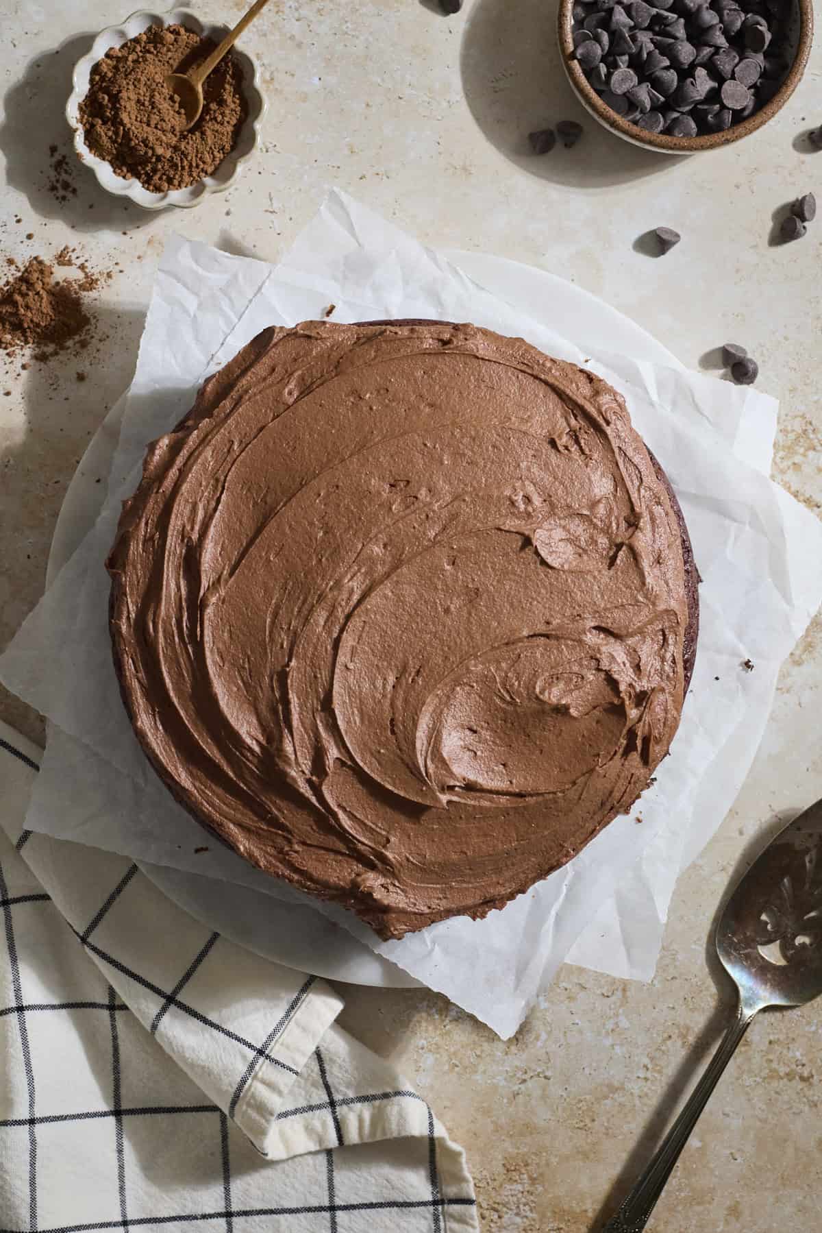 Chocolate cake after frosting.