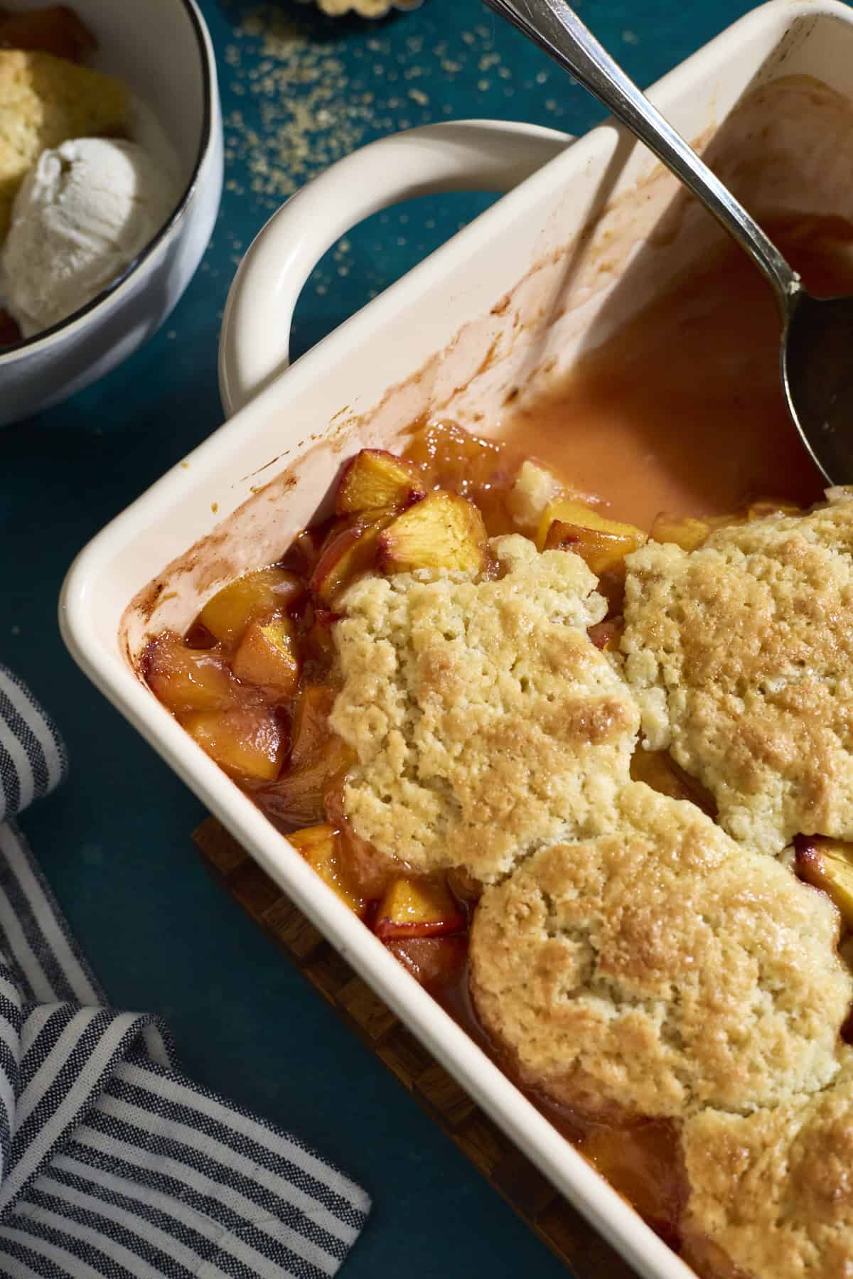 Sourdough Peach Cobbler in a baking dish.