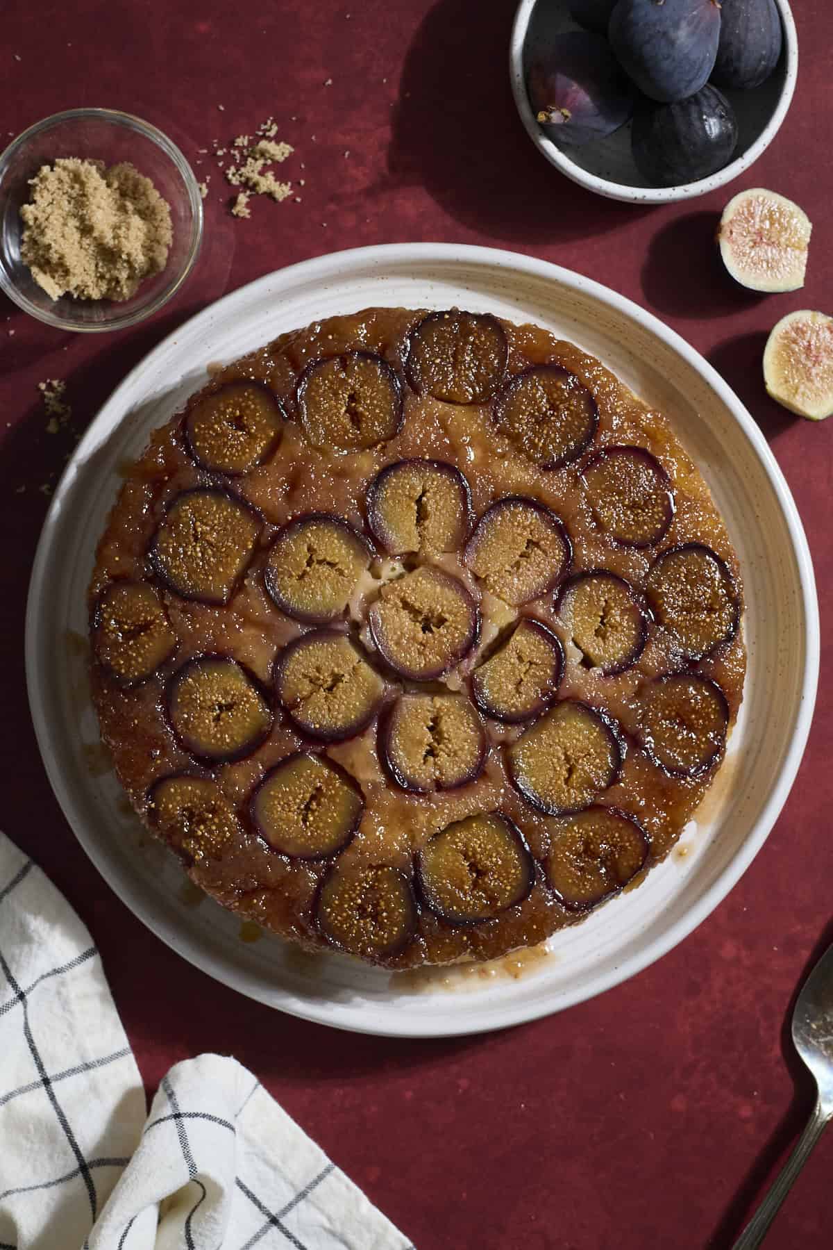 Sourdough Fig Cake on a white platter.