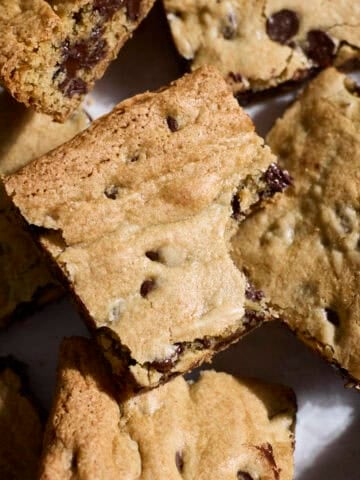 A bite taken out of a Sourdough Chocolate Chip Cookie Bar.