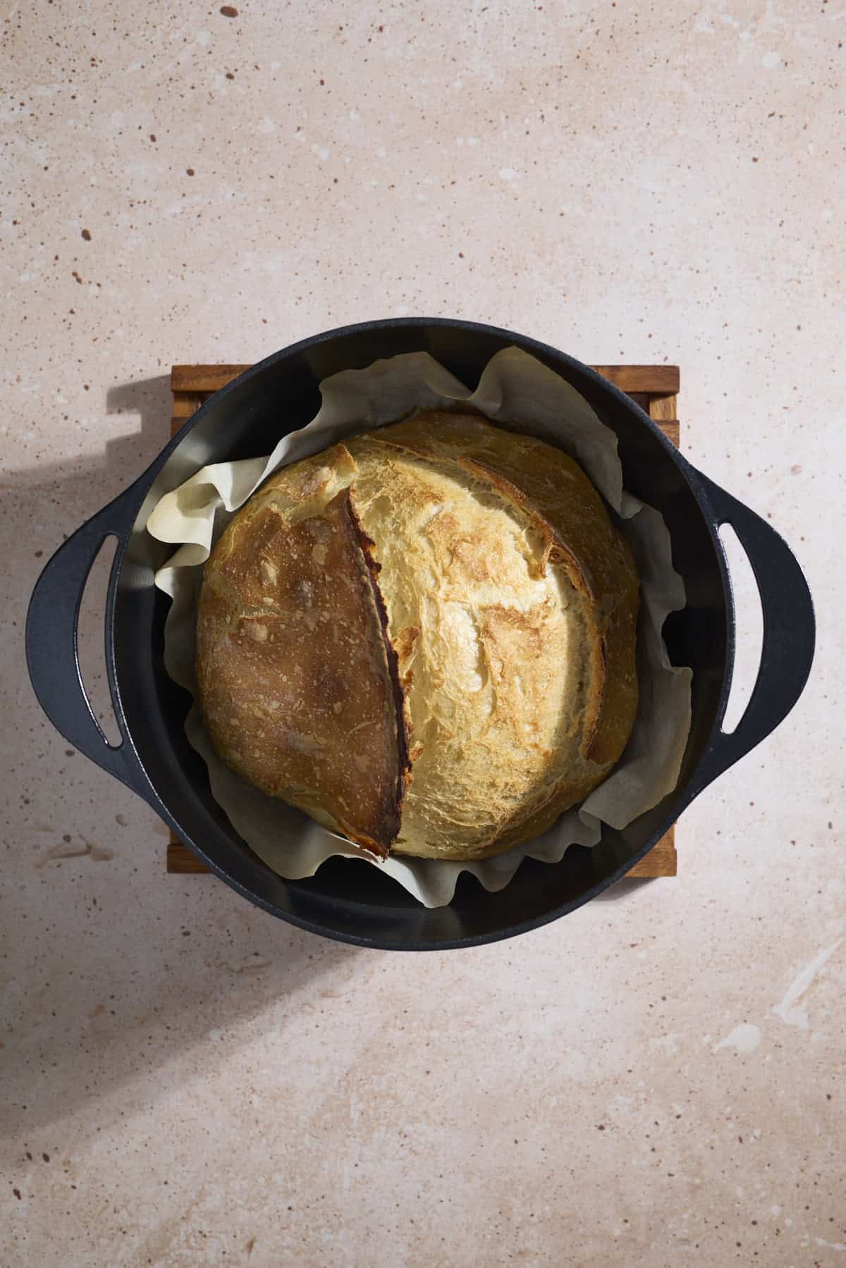 A Sourdough Discard Bread after baking in a Dutch Oven.