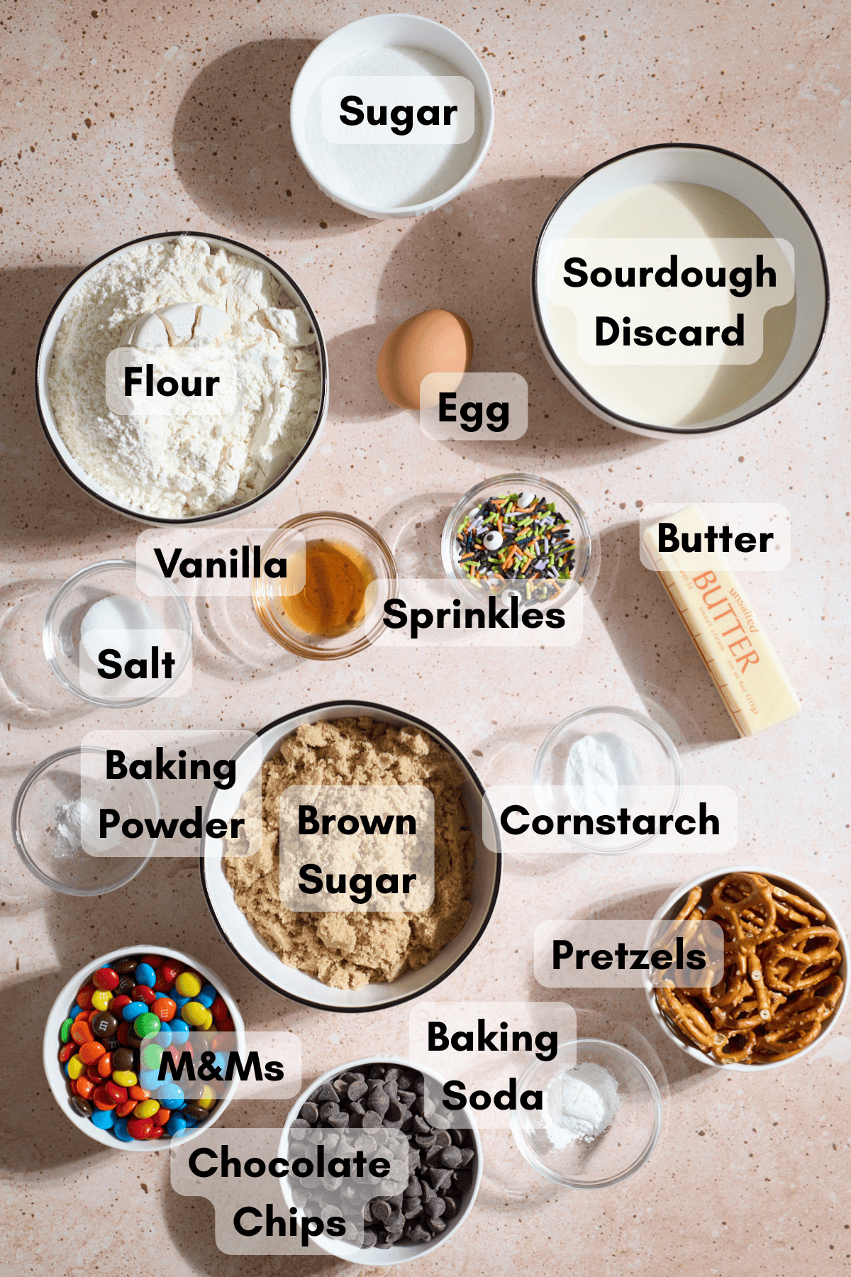 Ingredients for Sourdough Discard Halloween Kitchn Sink Cookie Bars in small bowls.