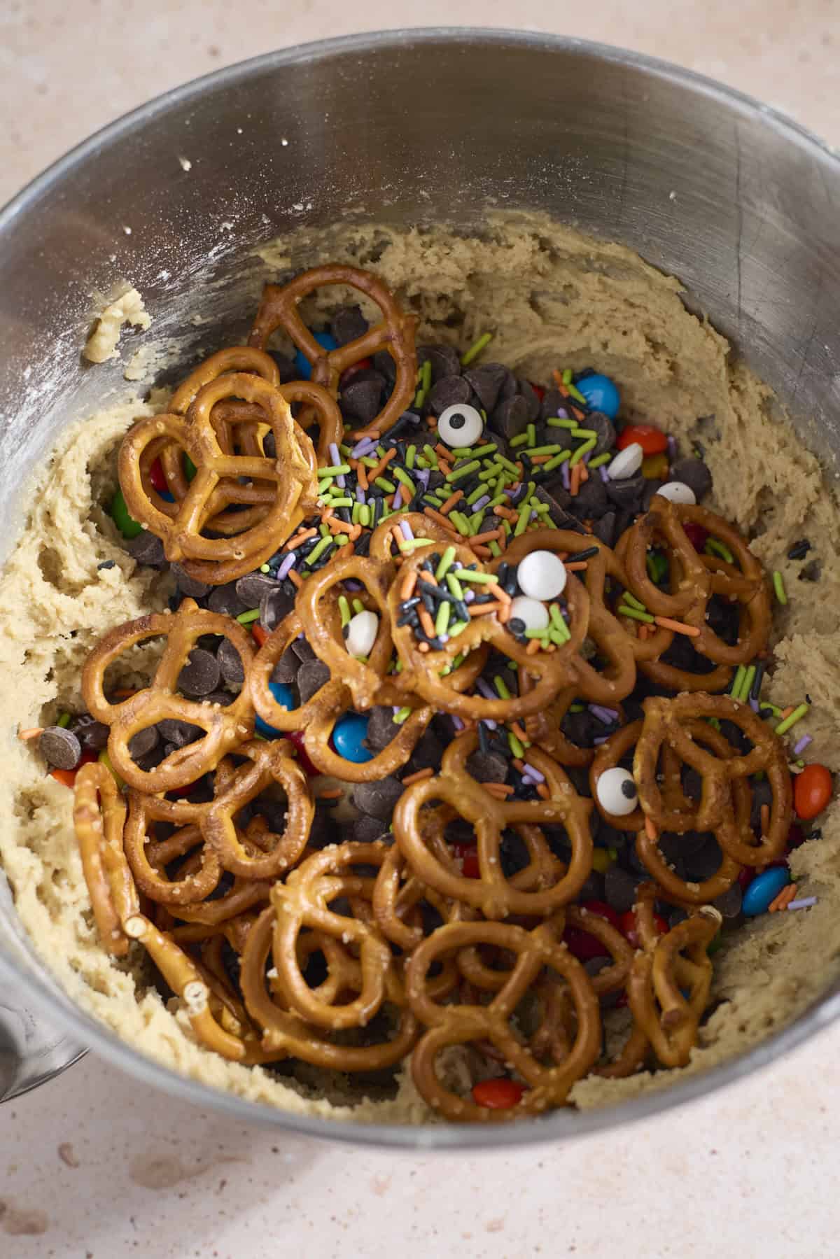 Mix-ins added to the bowl of cookie batter.