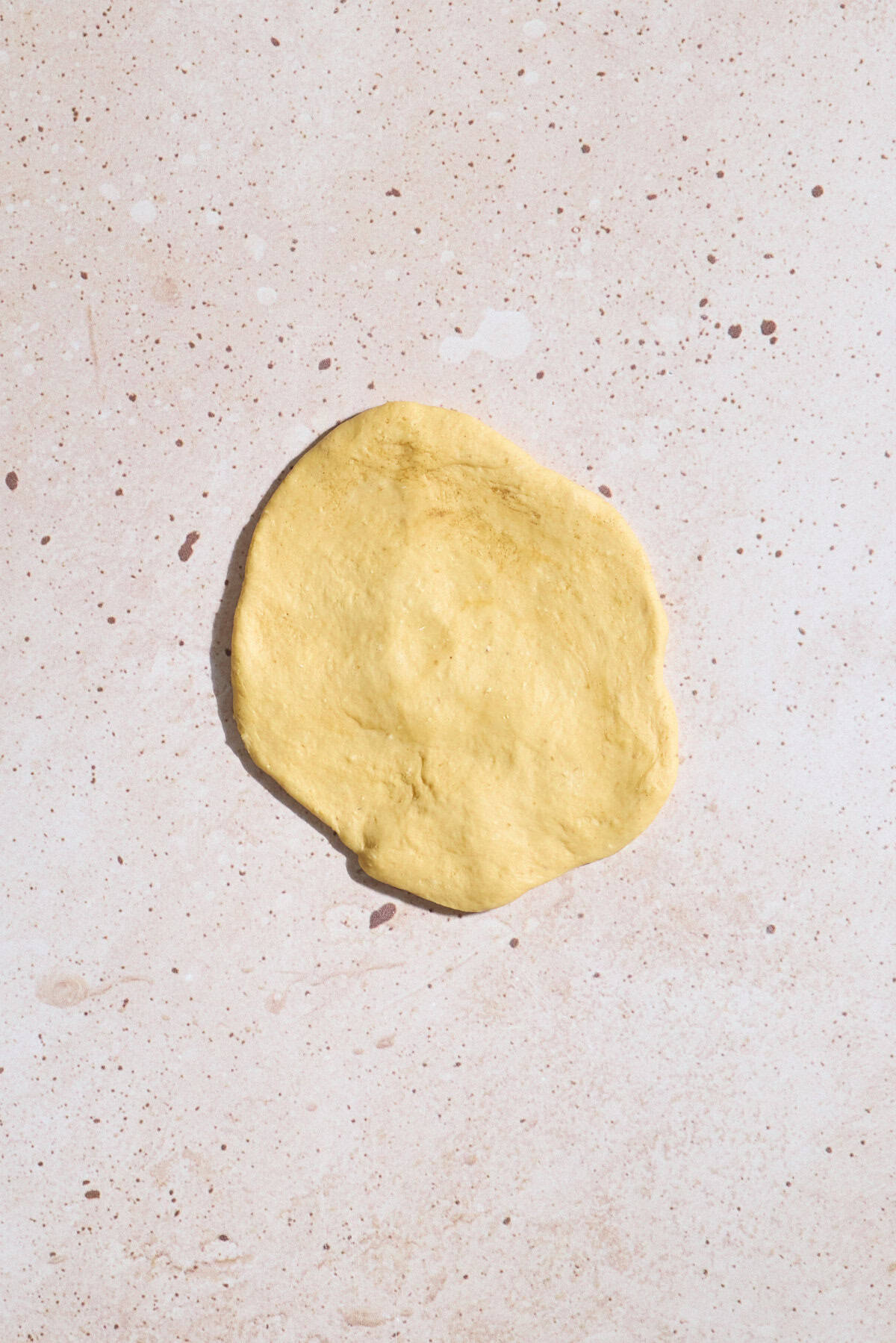 Dough pressed into a rough circle layer.