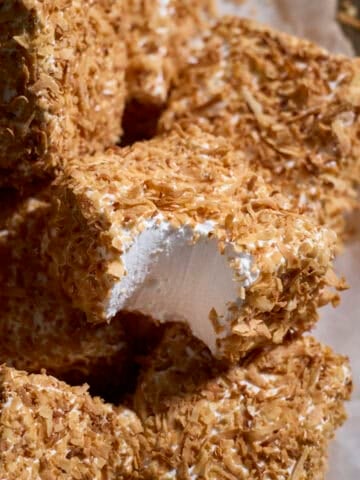 A bite out of a Toasted Coconut Marshmallow.