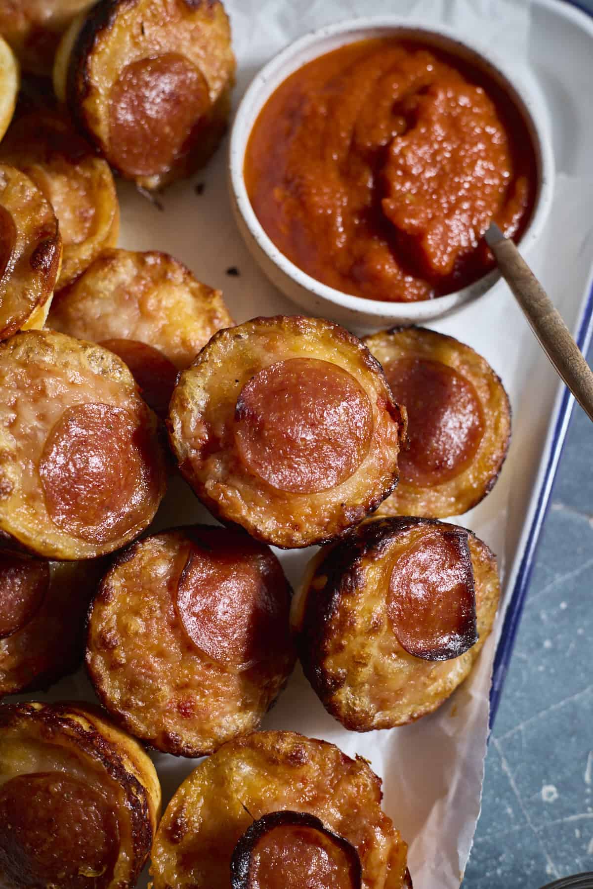 A stack of Sourdough Discard Miniature Pizzas.