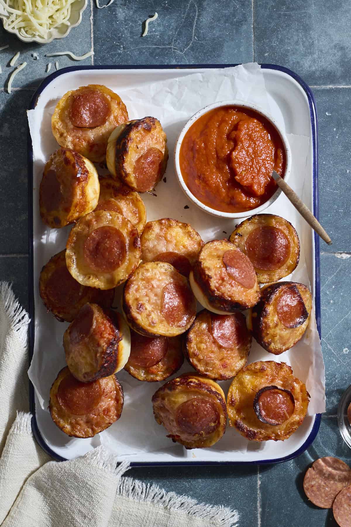 A tray of Sourdough Discard Miniature Pizzas.