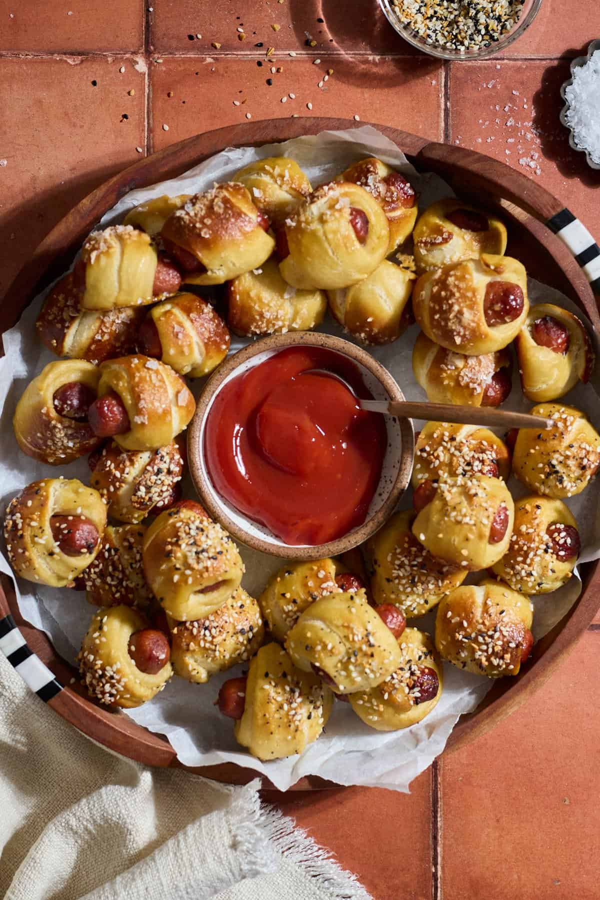 A platter of Sourdough Discard Pretzel Pigs in a Blanket.