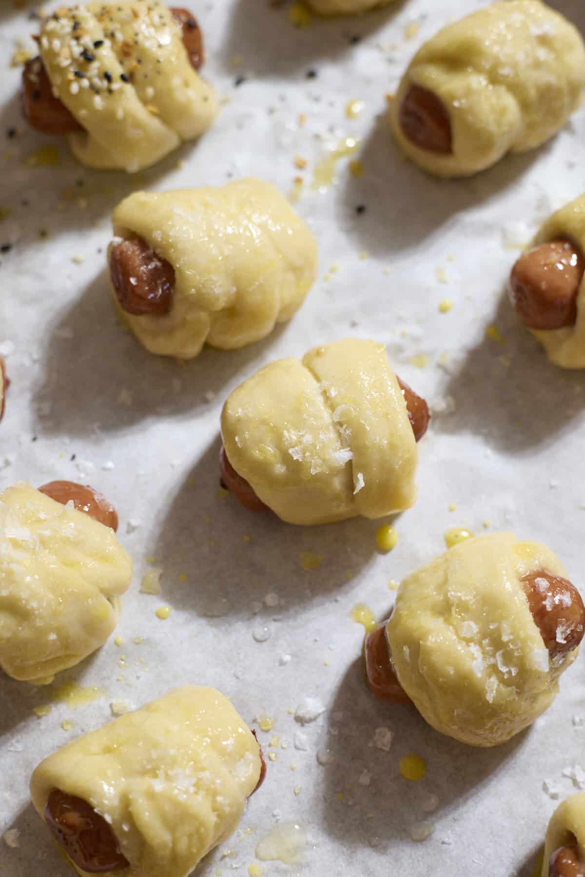 Pigs in a blanket ready to bake.