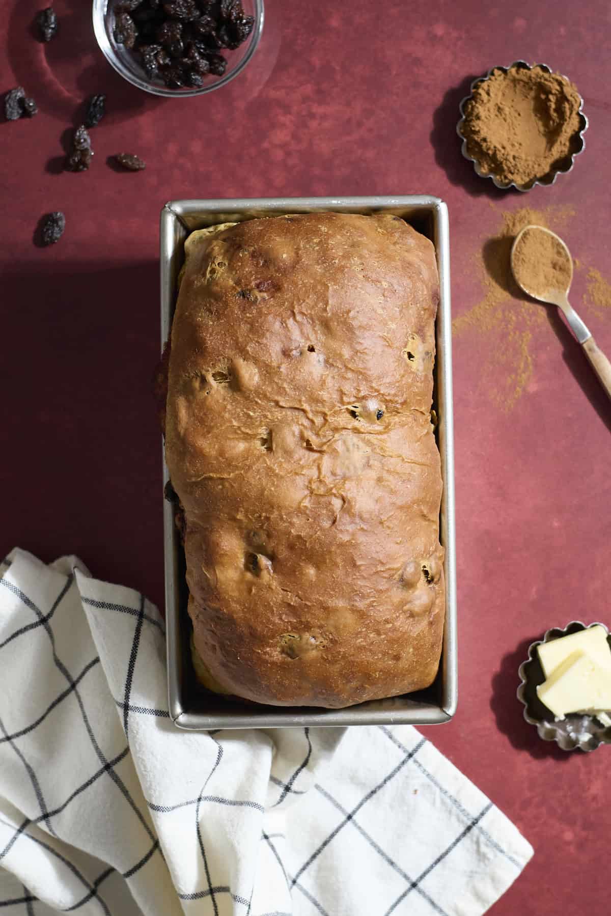Baked bread in the baking pan.