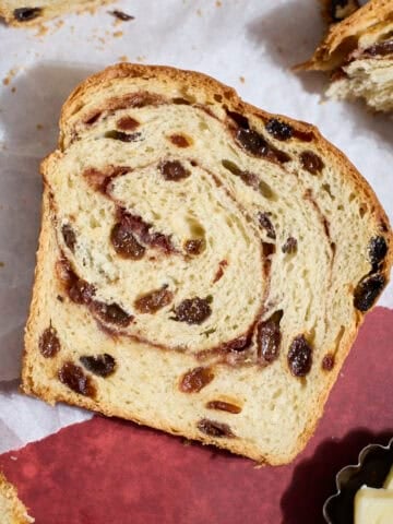 Slice of Sourdough Discard Cinnamon Raisin Bread.