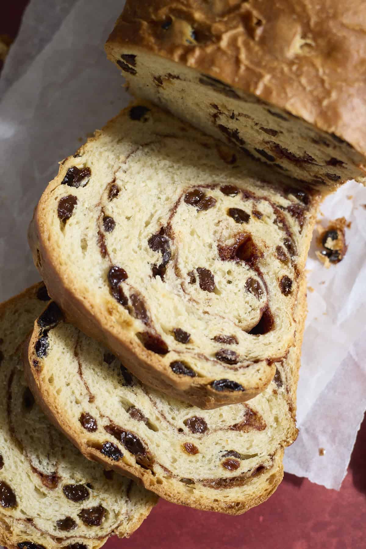 Slices of raisin bread.
