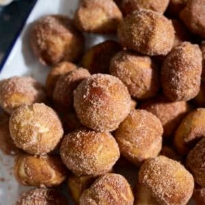 Sourdough Discard Cinnamon Sugar Pretzel Bites on a white platter.