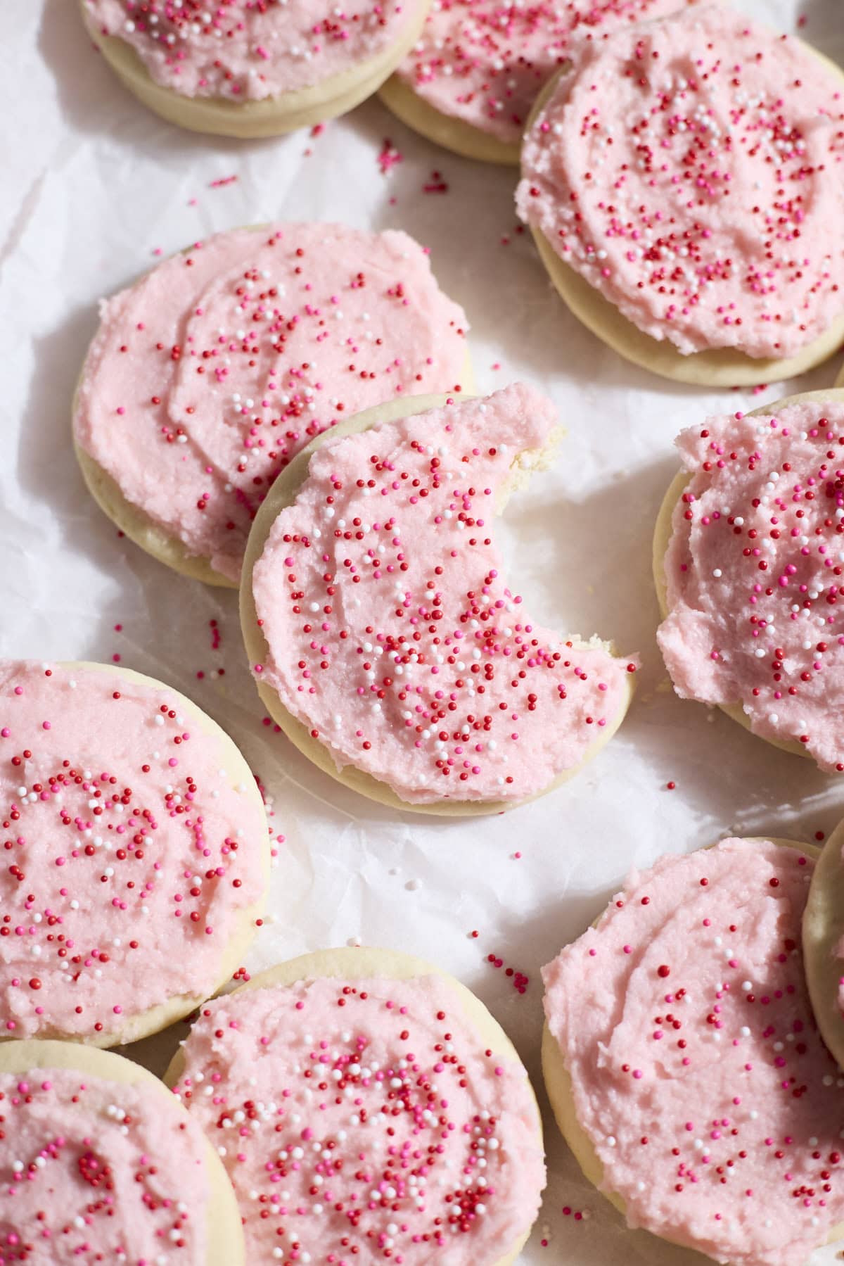 A pile of Sourdough Lofthouse Cookies on a tray.