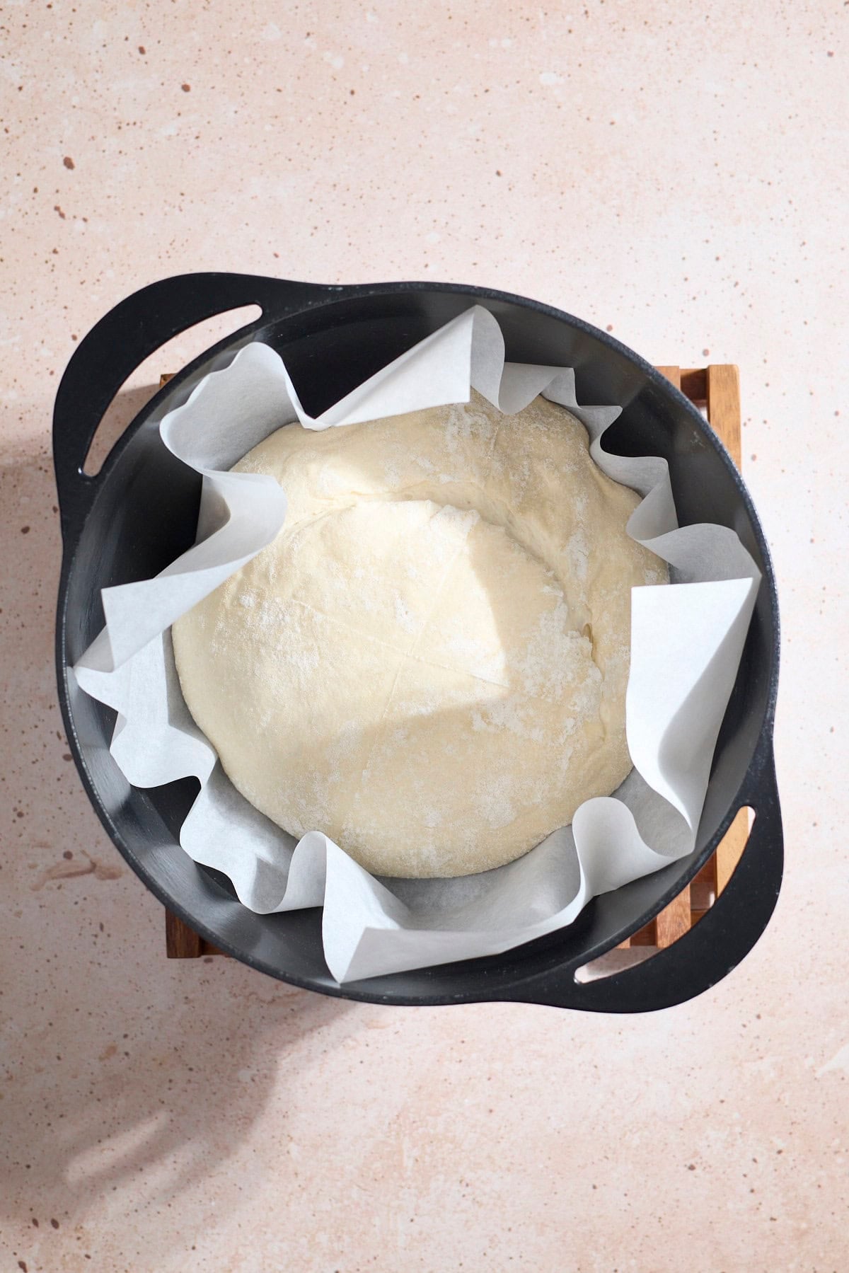 Dough in the Dutch oven before baking.