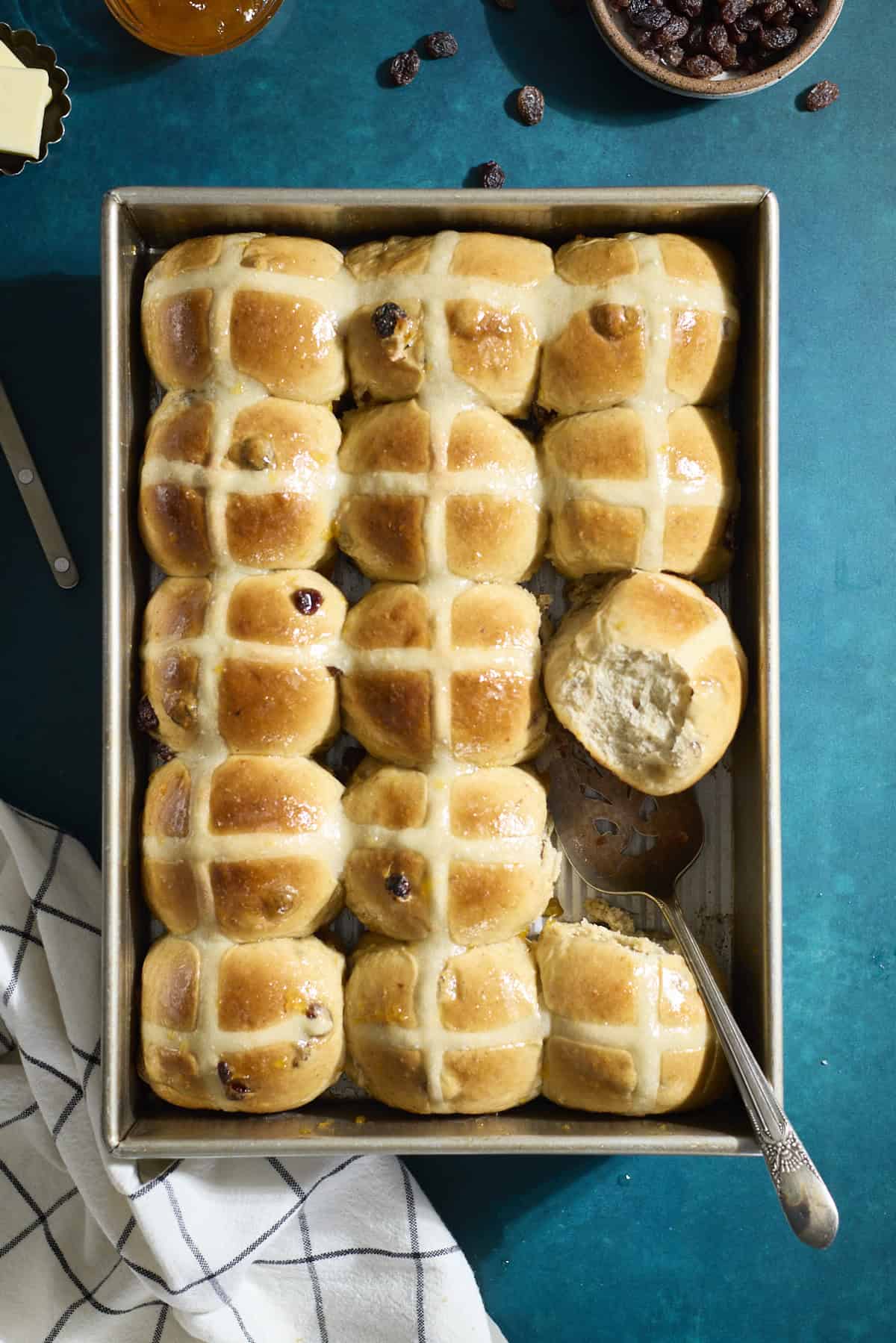 Sourdough Discard Hot Cross Buns in the baking pan.
