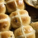 Sourdough Discard Hot Cross Buns in the baking pan.