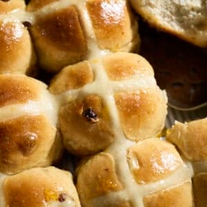 Sourdough Discard Hot Cross Buns in the baking pan.