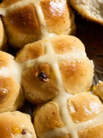 Sourdough Discard Hot Cross Buns in the baking pan.
