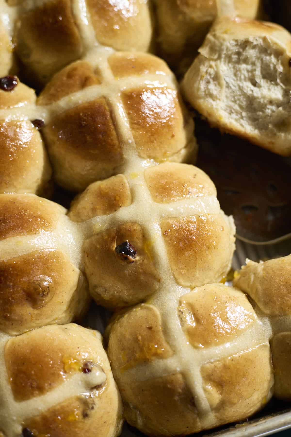 Sourdough Discard Hot Cross Buns in the baking pan.
