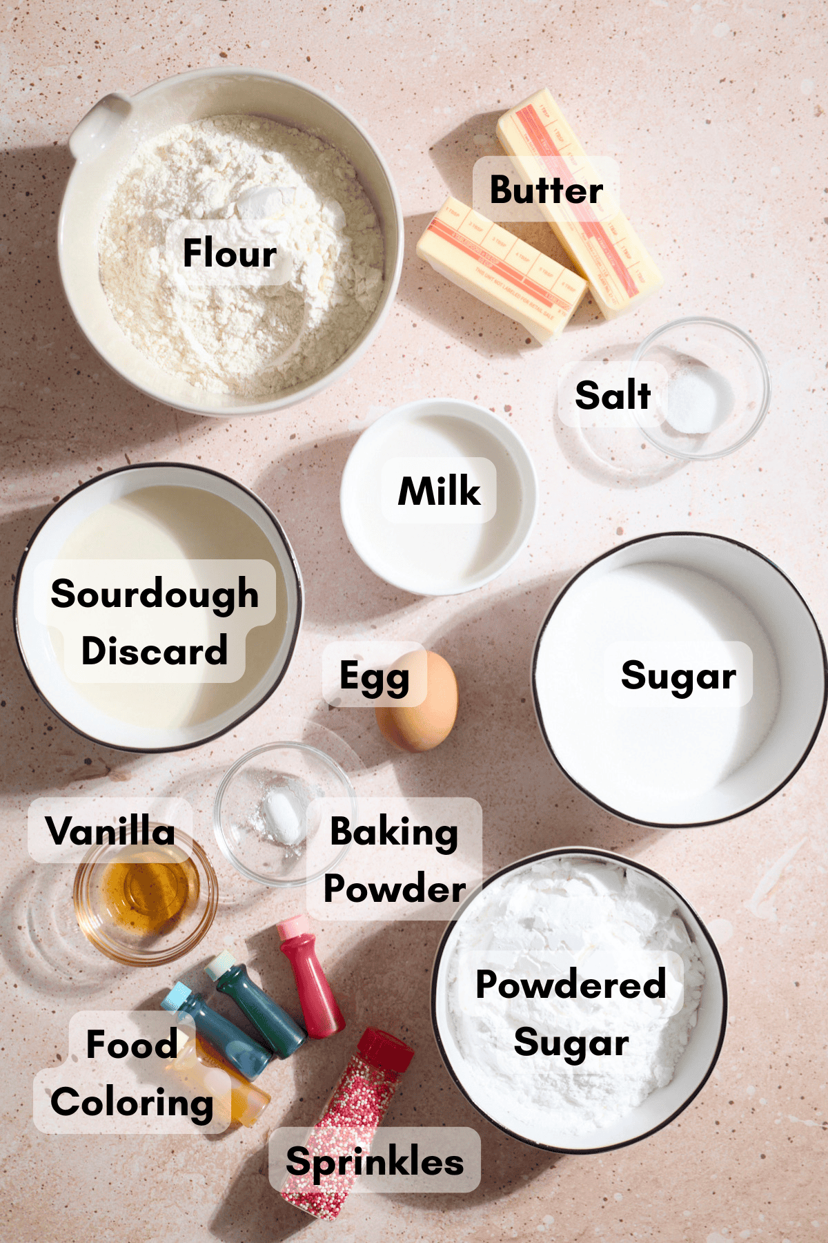 Ingredients for Sourdough Discard Sugar Cookies in small bowls.