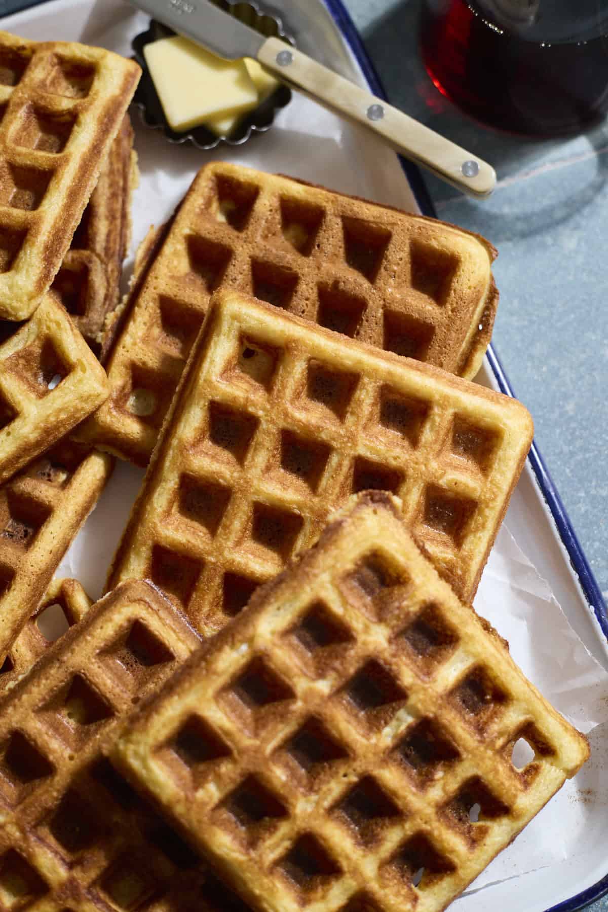 A tray of Sourdogh Cornmeal Waffles.
