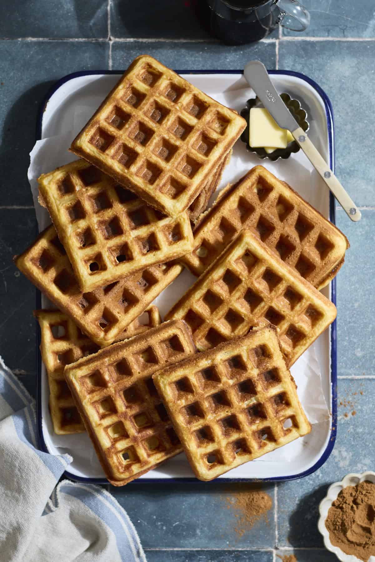 A tray of Sourdough Cornmeal Waffles.