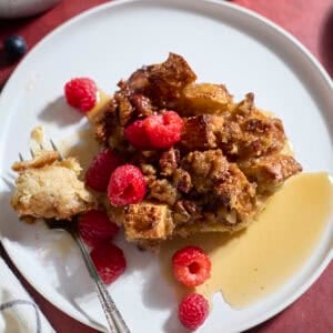 Sourdough French Toast Casserole on a white plate.
