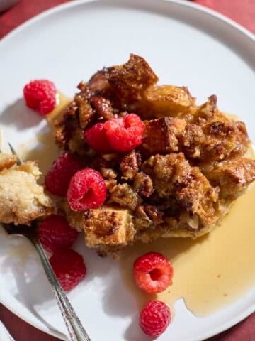 Sourdough French Toast Casserole on a white plate.