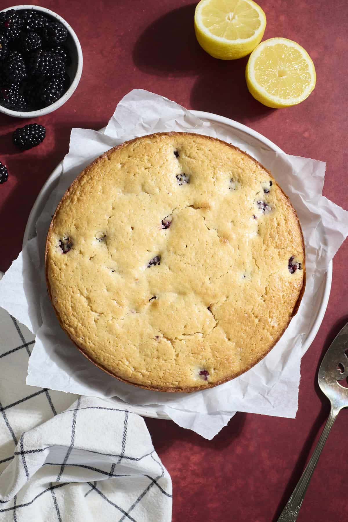 Cake on a platter after baking.