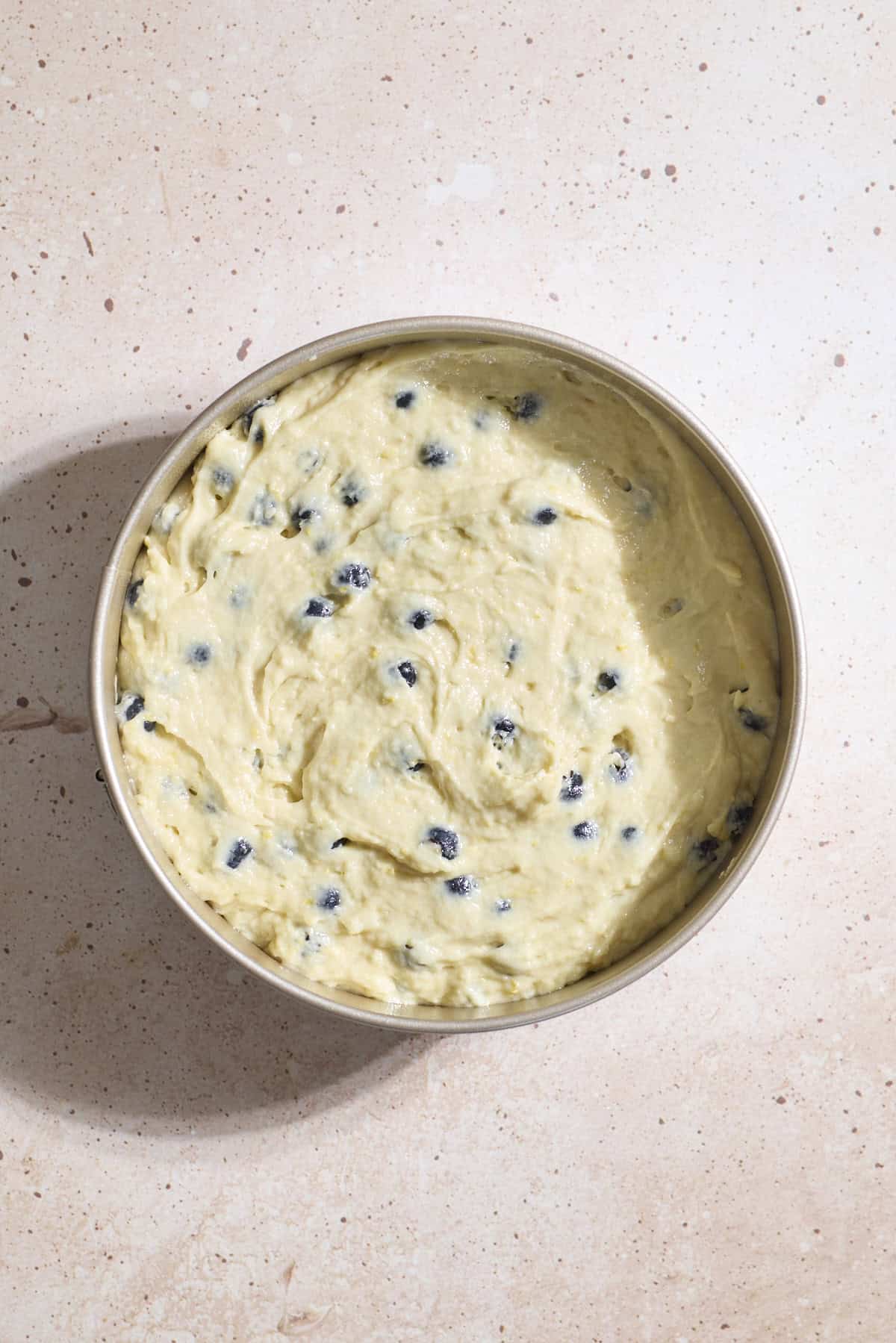 Cake batter spread in a springform pan.