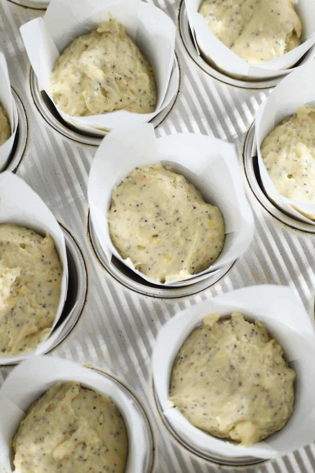 Batter in muffin cups.