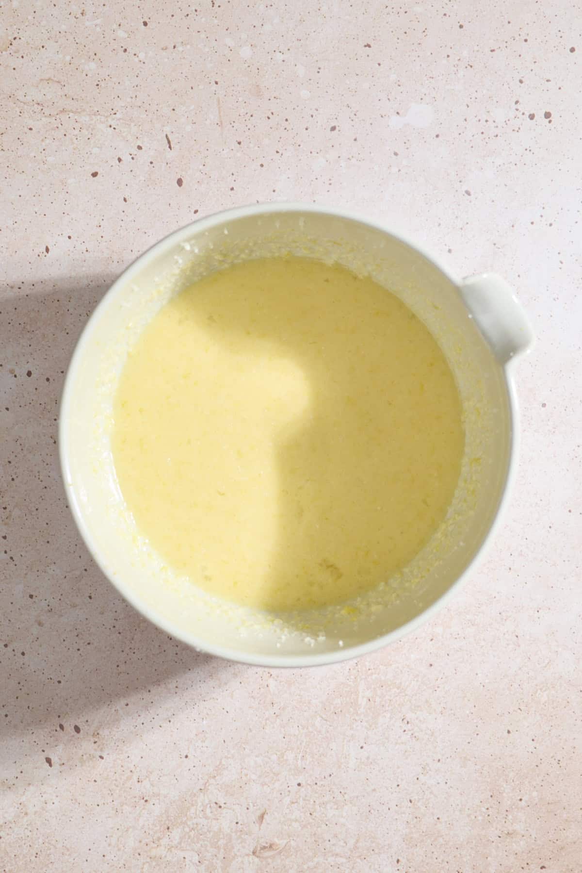 Wet ingredients in a large mixing bowl.