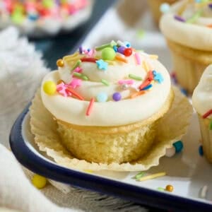 Sourdough Vanilla Cupcakes with sprinkles.