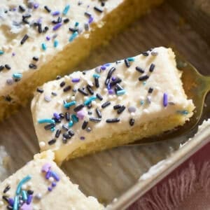 Slices of Sourdough Vanilla Sheet Cake.