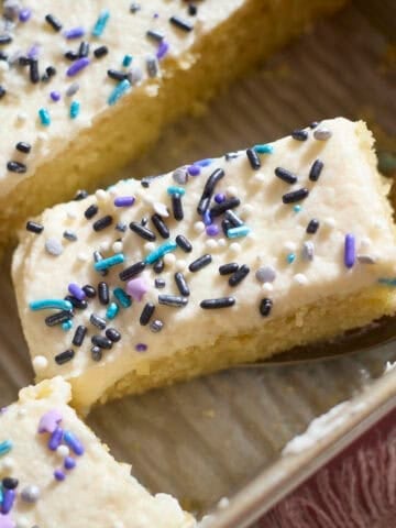 Slices of Sourdough Vanilla Sheet Cake.