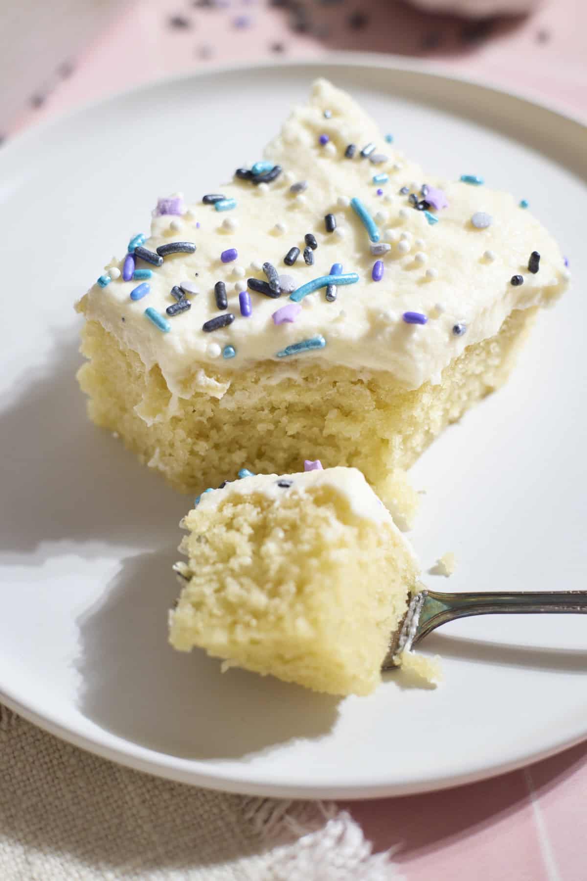 A piece of Sourdough Vanilla Sheet Cake.