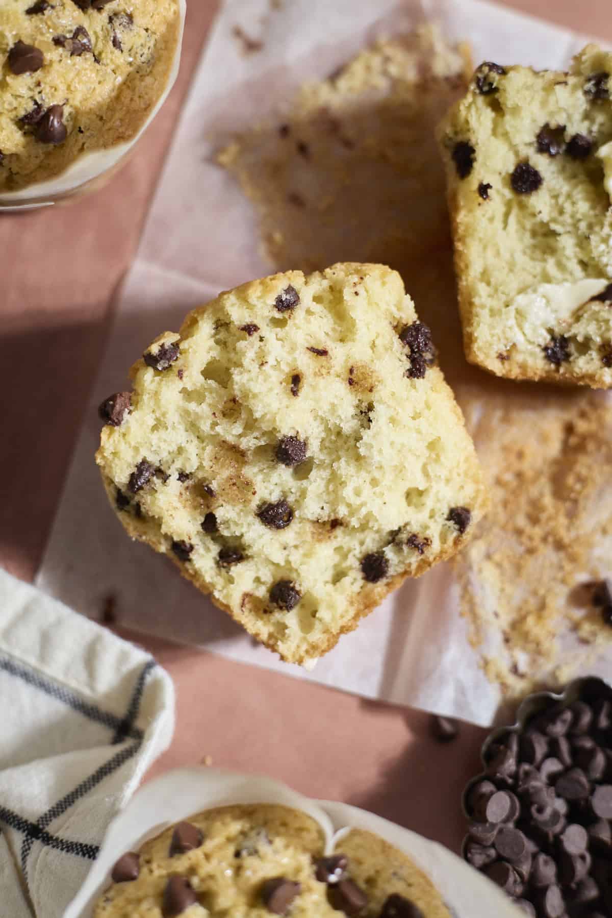 A halved chocolate chip muffin.