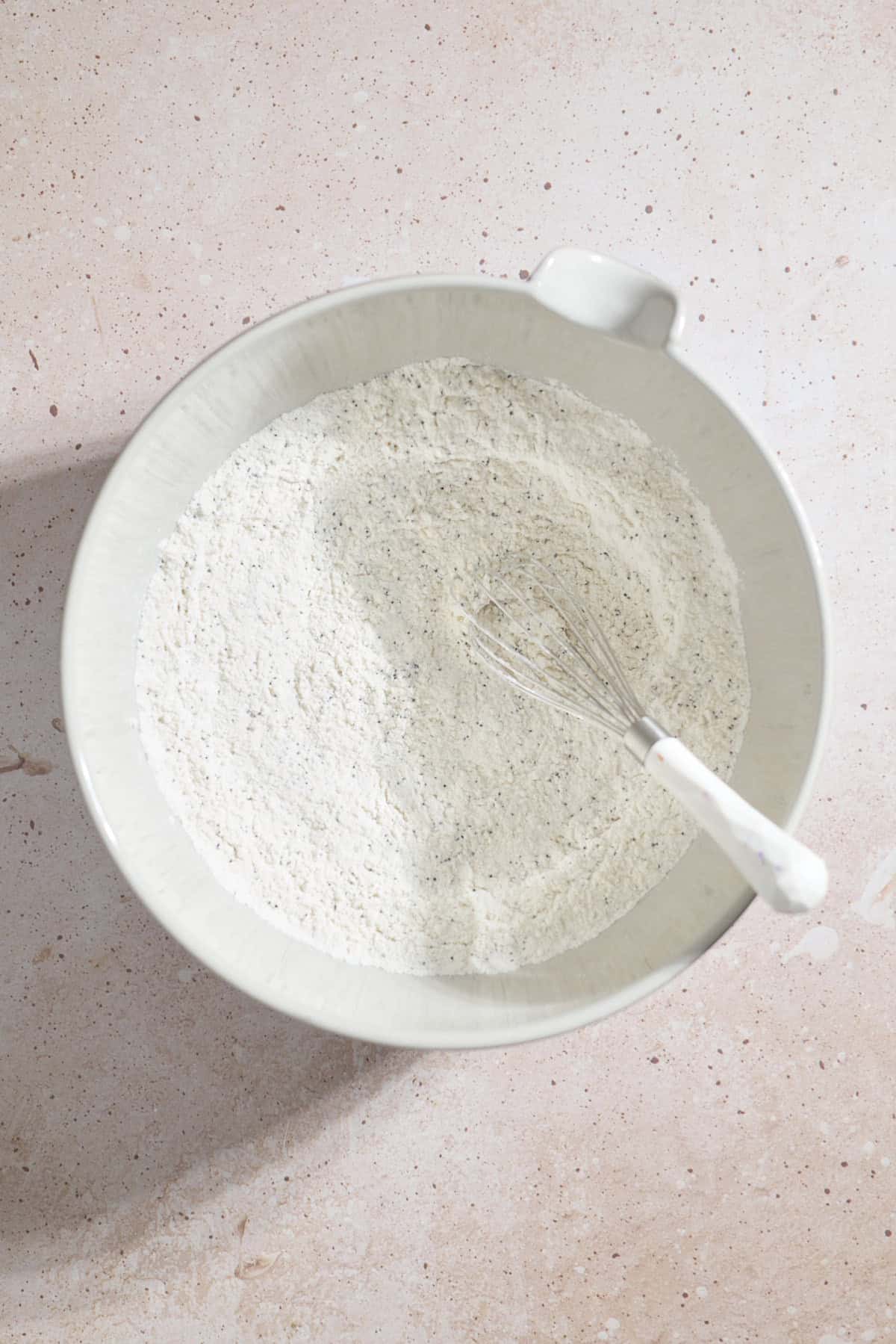 Dry ingredients in a large mixing bowl.