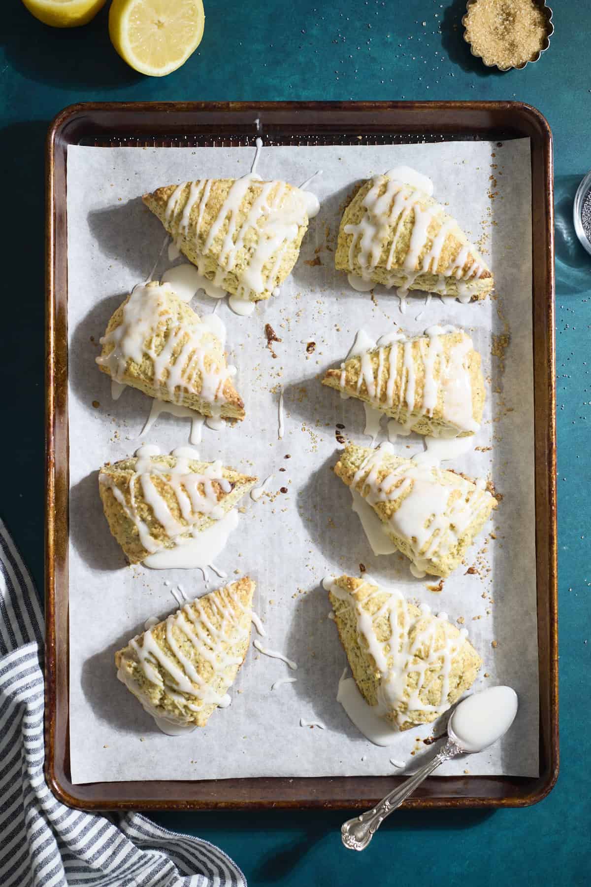 Sourdough Lemon Poppy Seed Scones on a baking tray.