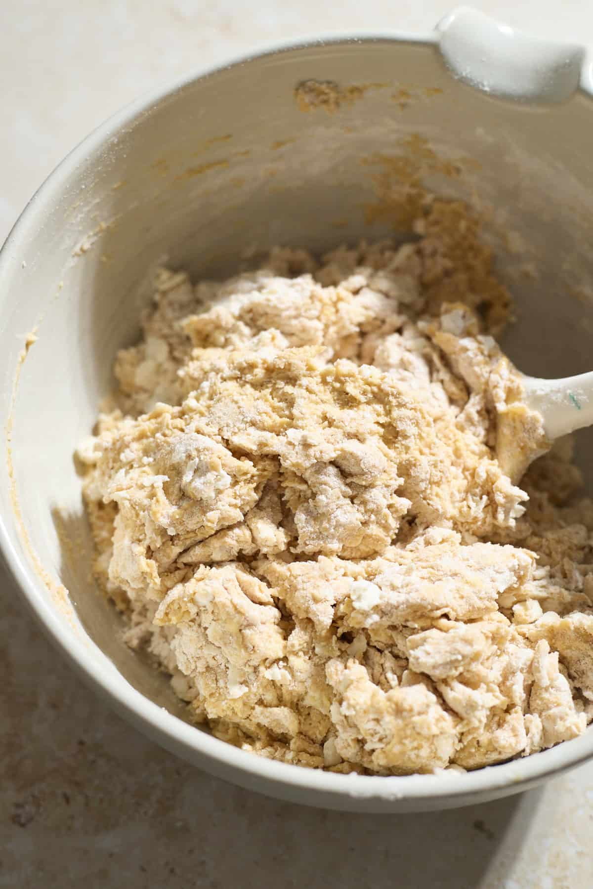 Shaggy dough in a mixing bowl.