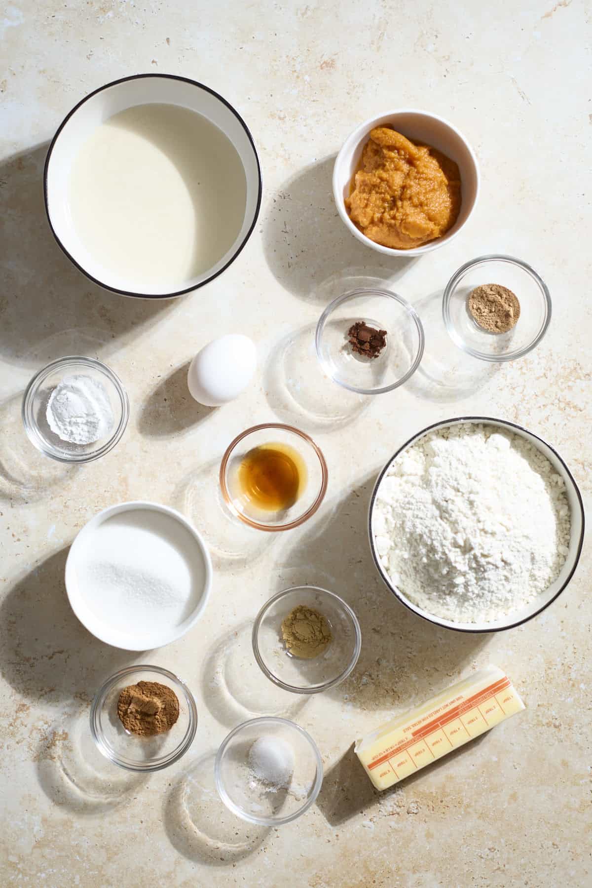 Ingredients for Sourdough Discard Pumpkin Scones in small bowls.