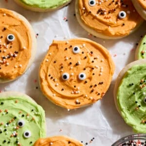 Sourdough Discard Halloween Sugar Cookies with sprinkles and candy eyeballs.