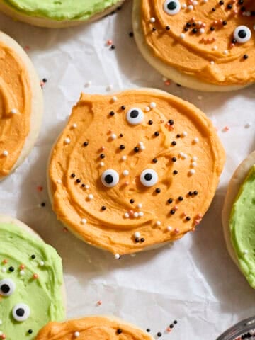 Sourdough Discard Halloween Sugar Cookies with sprinkles and candy eyeballs.