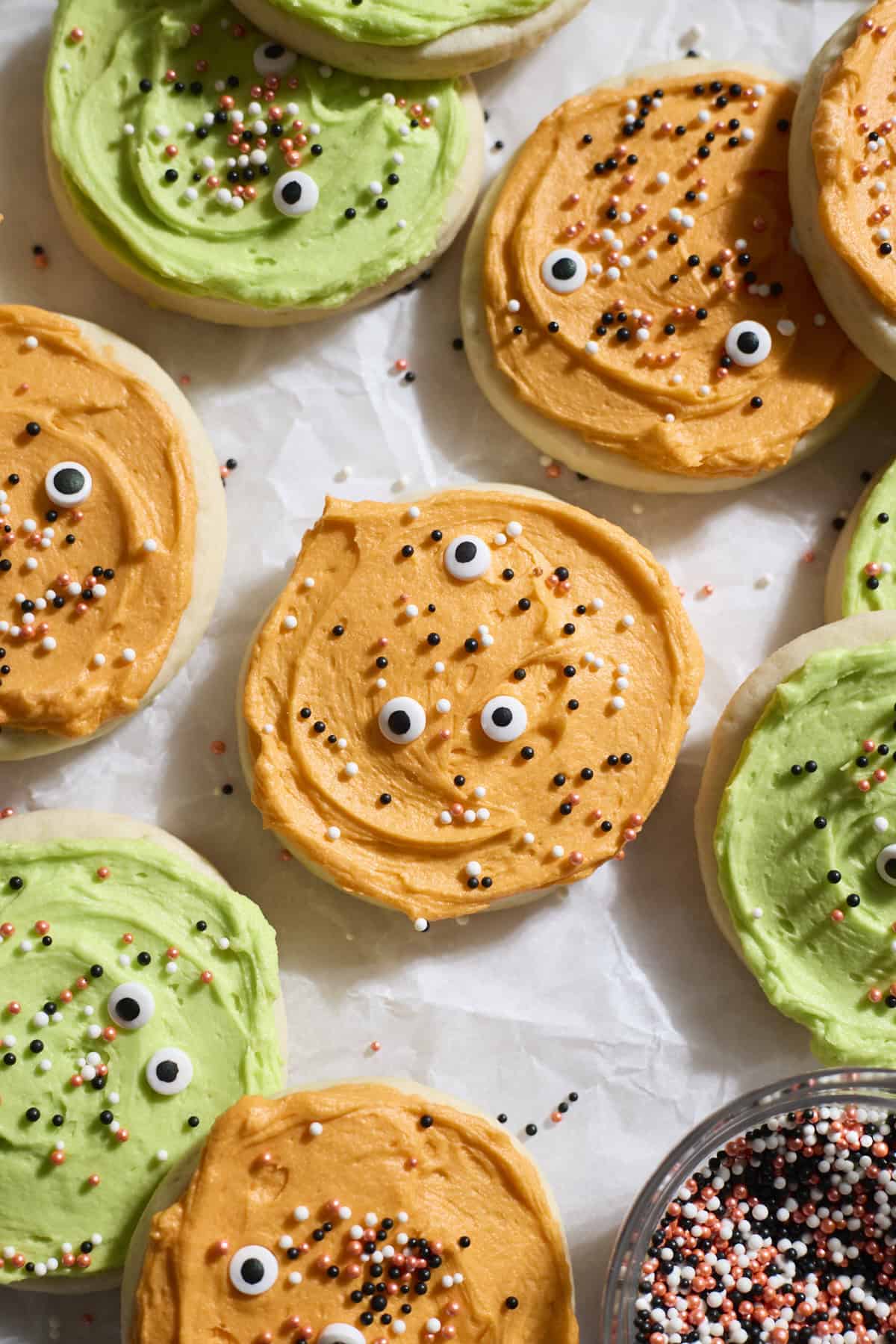 Sourdough Discard Halloween Sugar Cookies with sprinkles and candy eyeballs.